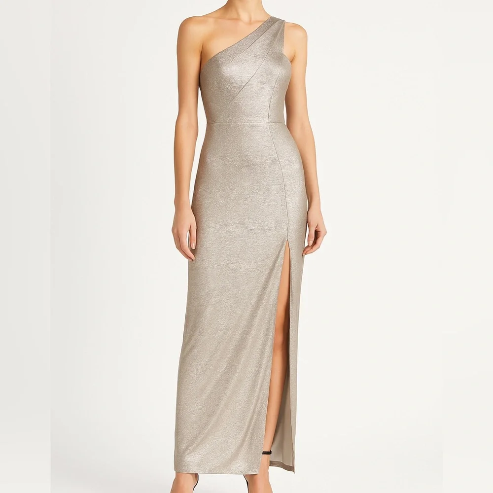 Aidan Mattox Metallic One Shoulder Gown Formal Slit Dress Size 8 NWT